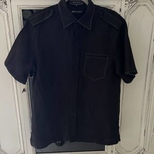 Creme De Silk Men's Black Stitched 100% Linen Button-Down Short Sleeve Shirt - M